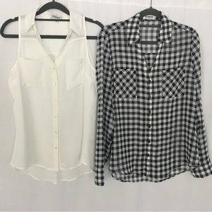2 Small-Petite Express Portofino Sheer Button-down Shirts: white & black gingham